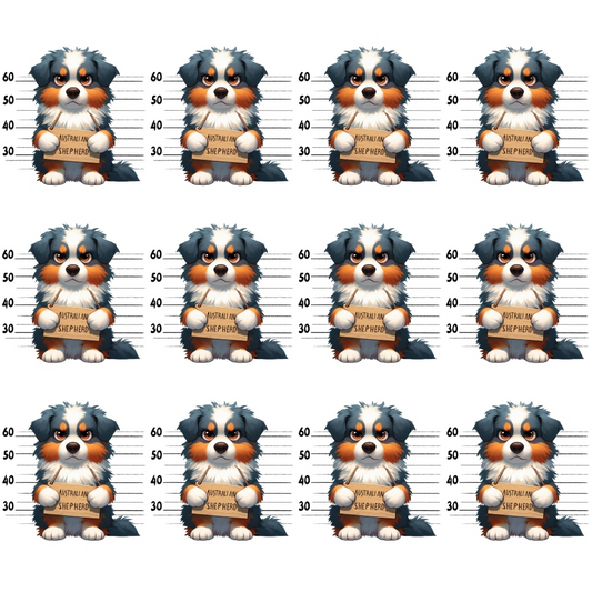 Pattern of cute cartoon dogs with mugshot backgrounds, each holding a sign with INSTAGRAM JAIL written on it.