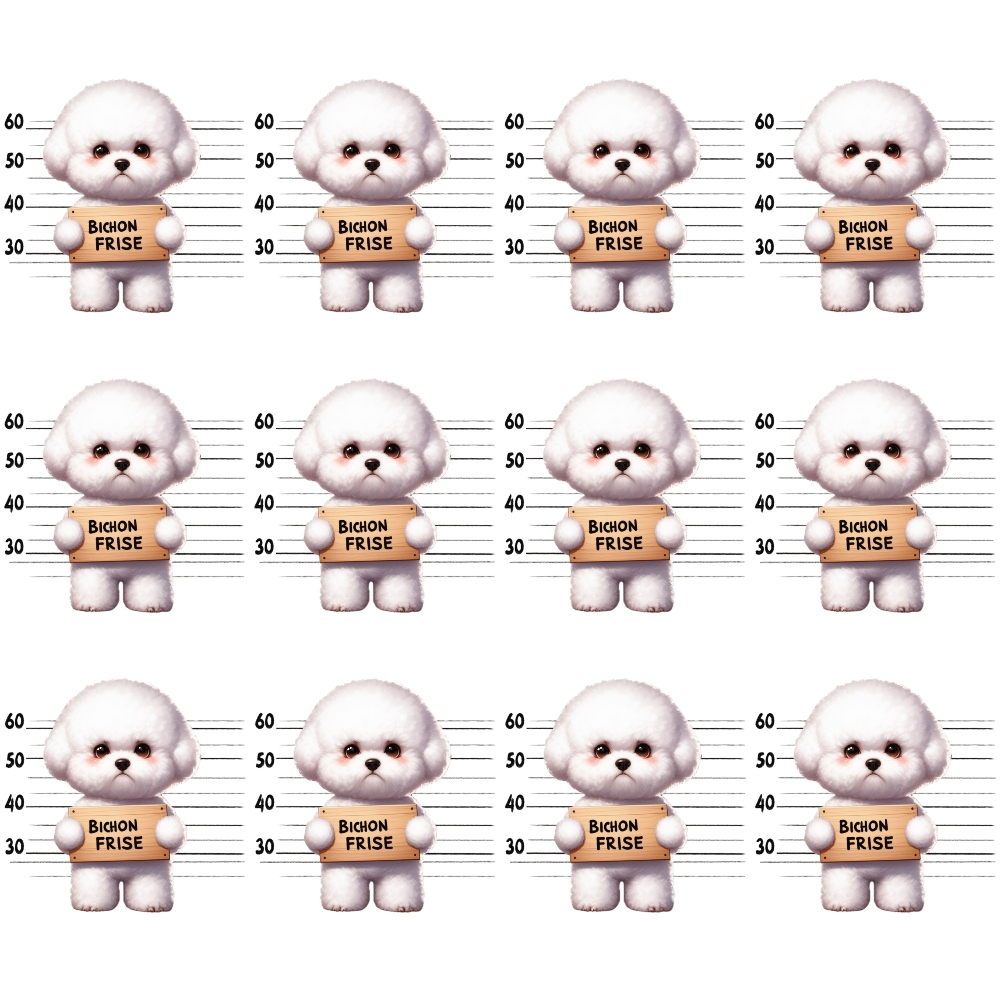 A grid of twelve cartoonish white dogs resembling mugshots, each holding a sign that reads Bichon Frise with height markers in the background.