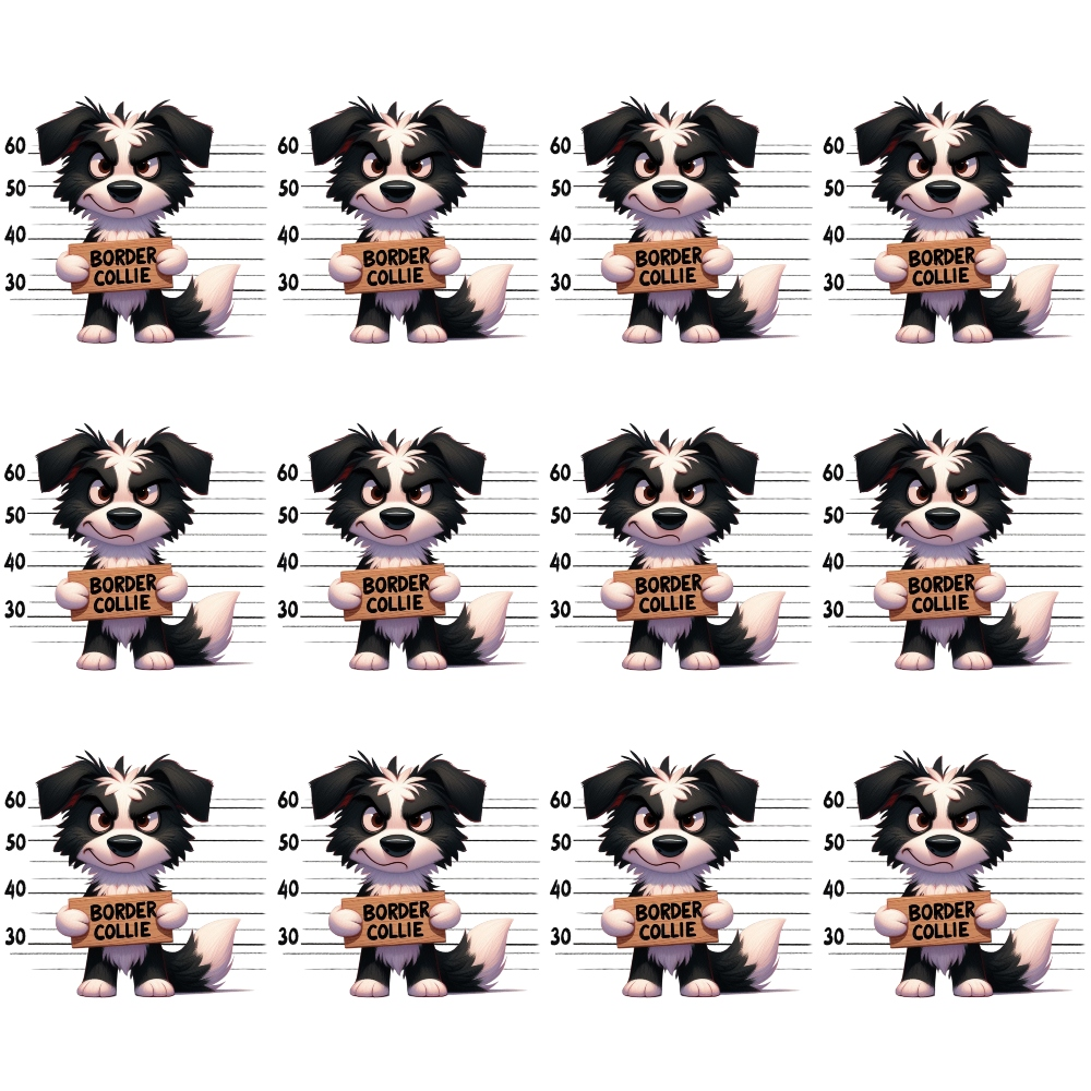 Twelve cartoon Border Collie dogs hold signs in front of measurement charts, resembling mugshots.