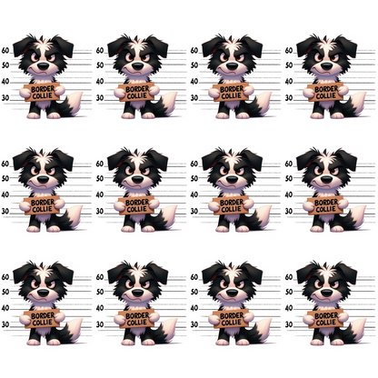 Twelve cartoon Border Collie dogs hold signs in front of measurement charts, resembling mugshots.