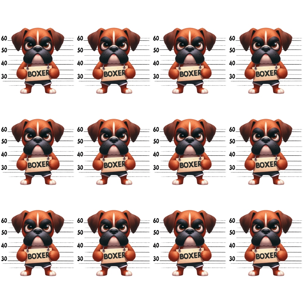 Repeated pattern of a cartoon boxer dog character standing against a height measurement background, facing forward. Each has BOXER printed on its chest.