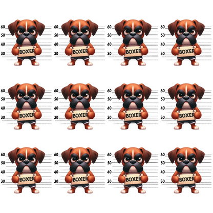 Repeated pattern of a cartoon boxer dog character standing against a height measurement background, facing forward. Each has BOXER printed on its chest.