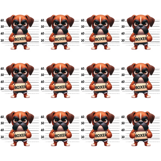 Repeated pattern of a cartoon boxer dog character standing against a height measurement background, facing forward. Each has BOXER printed on its chest.