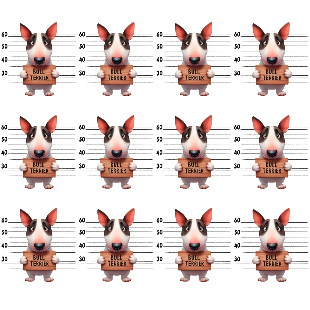 Cartoon bull terrier dogs holding Bull Terrier signs in front of height measurement backdrops arranged in a grid.