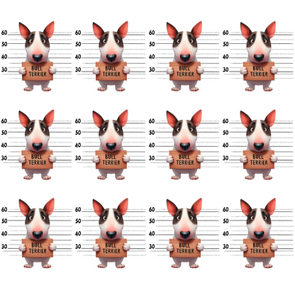 Cartoon bull terrier dogs holding Bull Terrier signs in front of height measurement backdrops arranged in a grid.