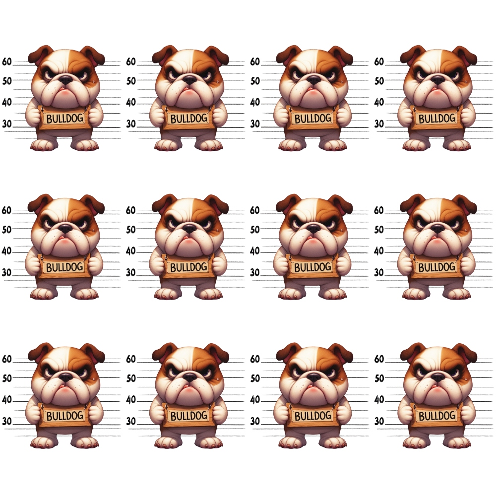 Illustration of twelve cartoon bulldogs standing in front of a height chart, each labeled BULLDOG.