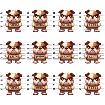 Illustration of twelve cartoon bulldogs standing in front of a height chart, each labeled BULLDOG.