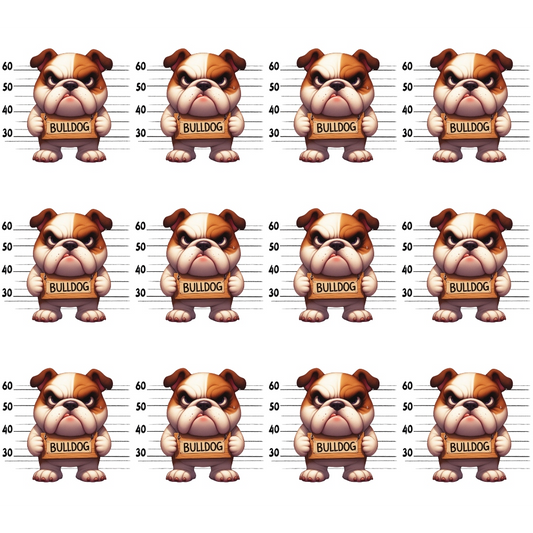 Illustration of twelve cartoon bulldogs standing in front of a height chart, each labeled BULLDOG.