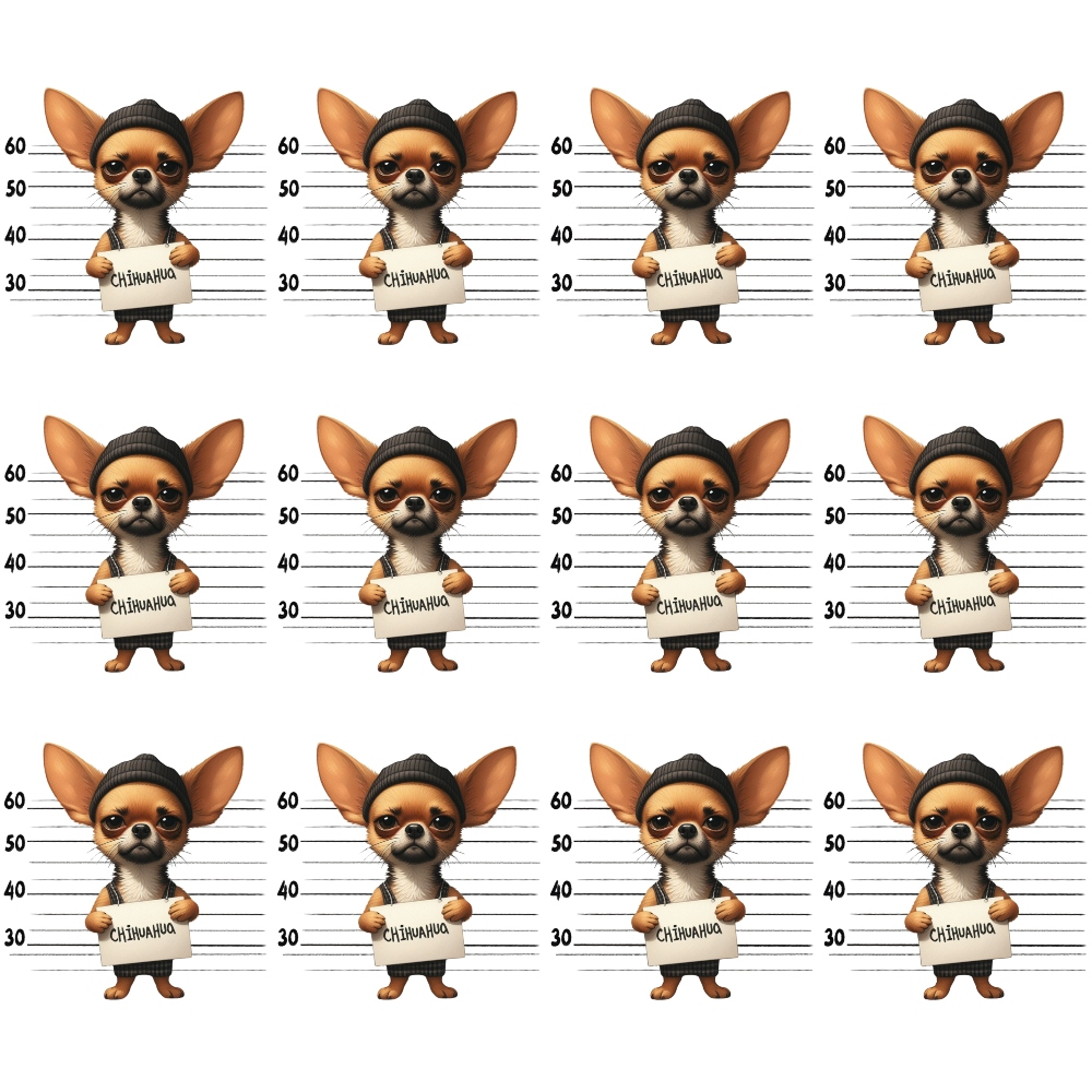 Twelve cartoon chihuahuas wearing sunglasses and beanies stand in front of a height chart, holding signs that read The Chihuahua in a lineup style.