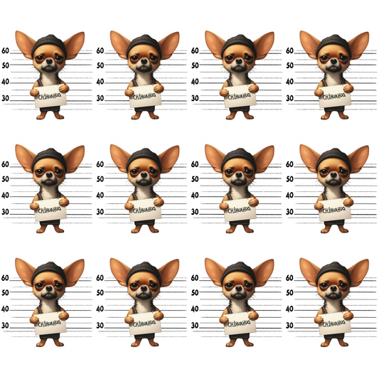 Twelve cartoon chihuahuas wearing sunglasses and beanies stand in front of a height chart, holding signs that read The Chihuahua in a lineup style.