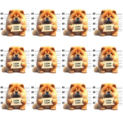 Twelve identical images of a Chow Chow dog holding a CHOW CHOW sign. Each image includes a height chart in the background.