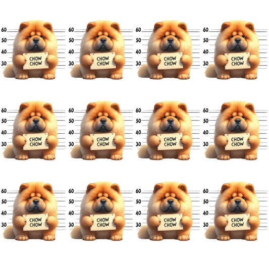 Twelve identical images of a Chow Chow dog holding a CHOW CHOW sign. Each image includes a height chart in the background.