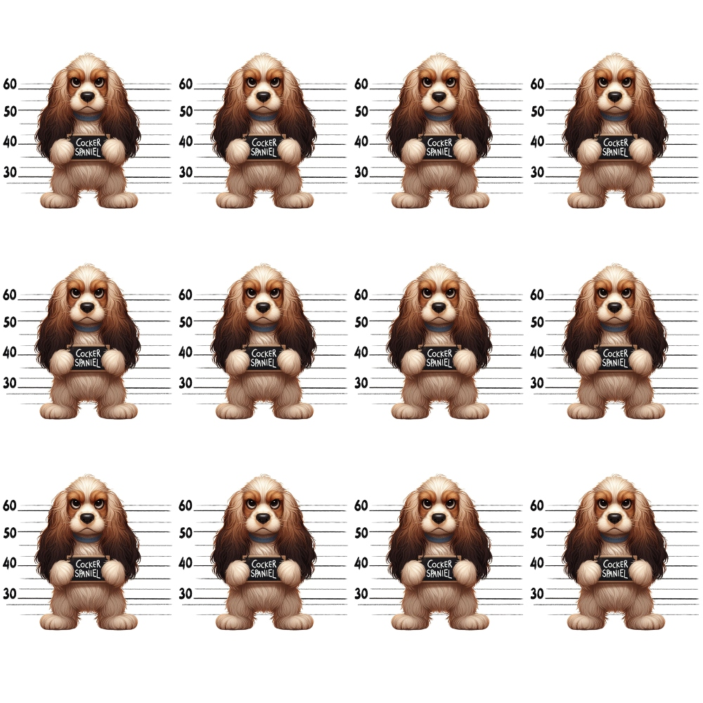 Illustration of a brown cocker spaniel in front of police lineup backgrounds, repeated twelve times. The dogs shirt says Cocker Spaniel. Lines show height measurements behind each figure.