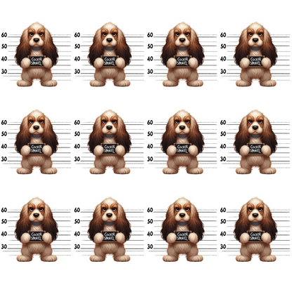 Illustration of a brown cocker spaniel in front of police lineup backgrounds, repeated twelve times. The dogs shirt says Cocker Spaniel. Lines show height measurements behind each figure.