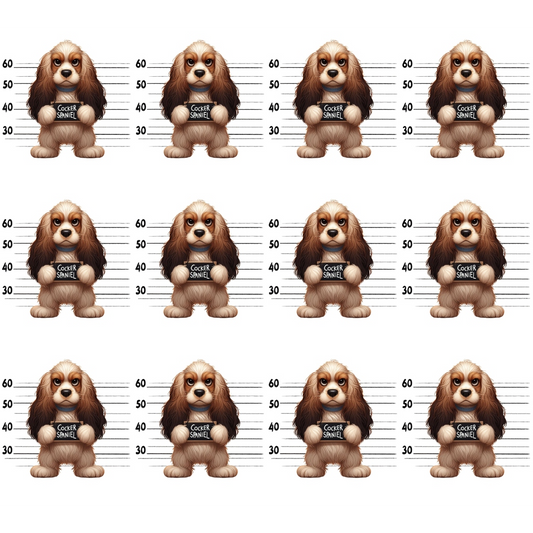 Illustration of a brown cocker spaniel in front of police lineup backgrounds, repeated twelve times. The dogs shirt says Cocker Spaniel. Lines show height measurements behind each figure.