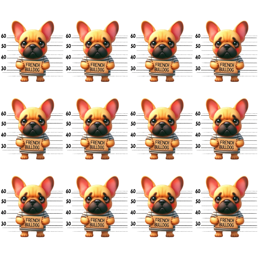 Grid of twelve cartoon French Bulldogs in lineup style, each with ears perked and labeled French Bulldog against measurement background.