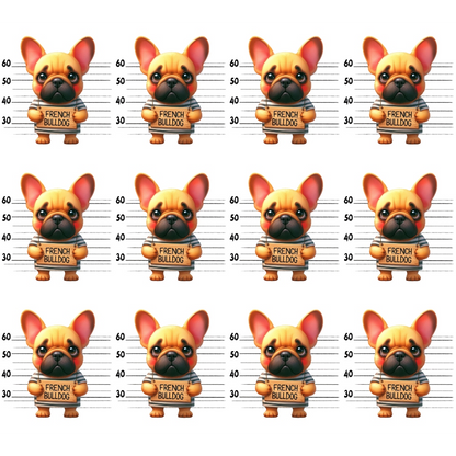 Grid of twelve cartoon French Bulldogs in lineup style, each with ears perked and labeled French Bulldog against measurement background.