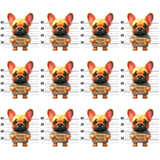 Grid of twelve cartoon French Bulldogs in lineup style, each with ears perked and labeled French Bulldog against measurement background.