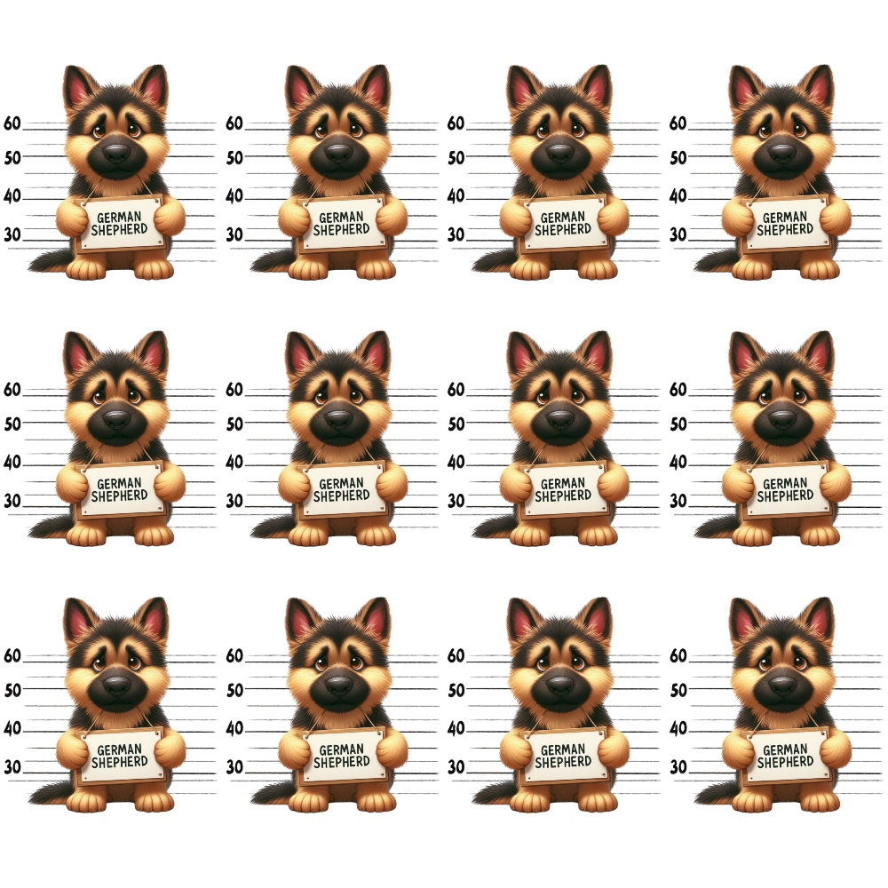 Cartoon German Shepherd illustrations in a mugshot style, arranged in a 3x4 grid, each holding a sign with German Shepherd against a height chart background.