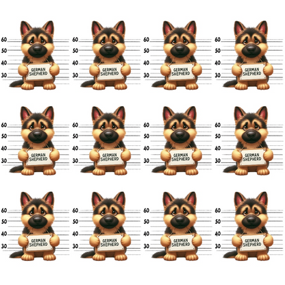 Cartoon German Shepherd illustrations in a mugshot style, arranged in a 3x4 grid, each holding a sign with German Shepherd against a height chart background.