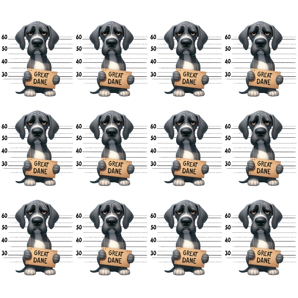 Repeating pattern of cartoon Great Dane dogs in front of a lineup backdrop, each holding a sign labeled Great Dane.