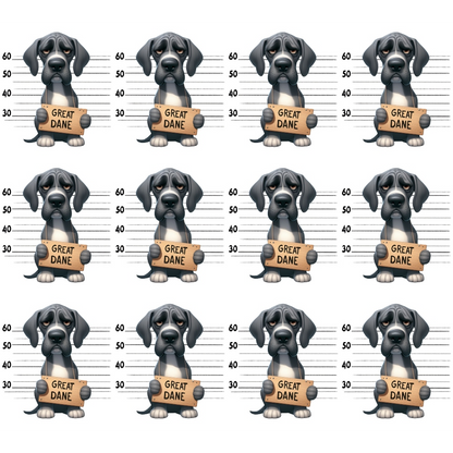 Repeating pattern of cartoon Great Dane dogs in front of a lineup backdrop, each holding a sign labeled Great Dane.