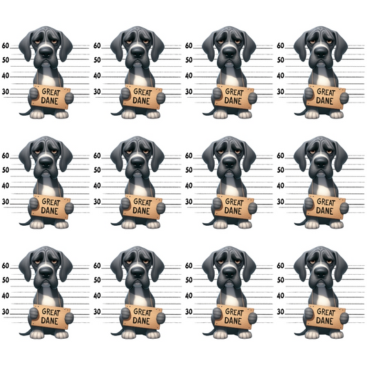 Repeating pattern of cartoon Great Dane dogs in front of a lineup backdrop, each holding a sign labeled Great Dane.