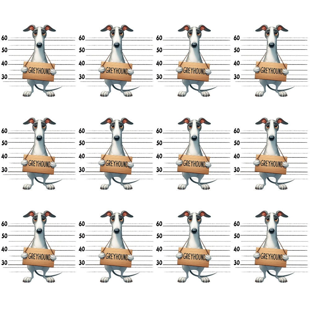 Cartoon of a greyhound in a mugshot, holding a sign. Repeated twelve times in a grid, with height lines in the background.