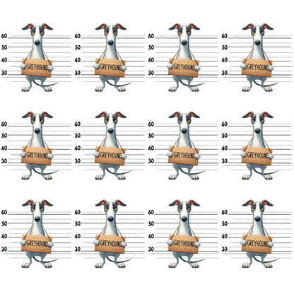 Cartoon of a greyhound in a mugshot, holding a sign. Repeated twelve times in a grid, with height lines in the background.