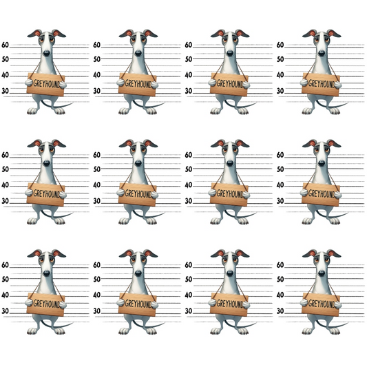 Cartoon of a greyhound in a mugshot, holding a sign. Repeated twelve times in a grid, with height lines in the background.