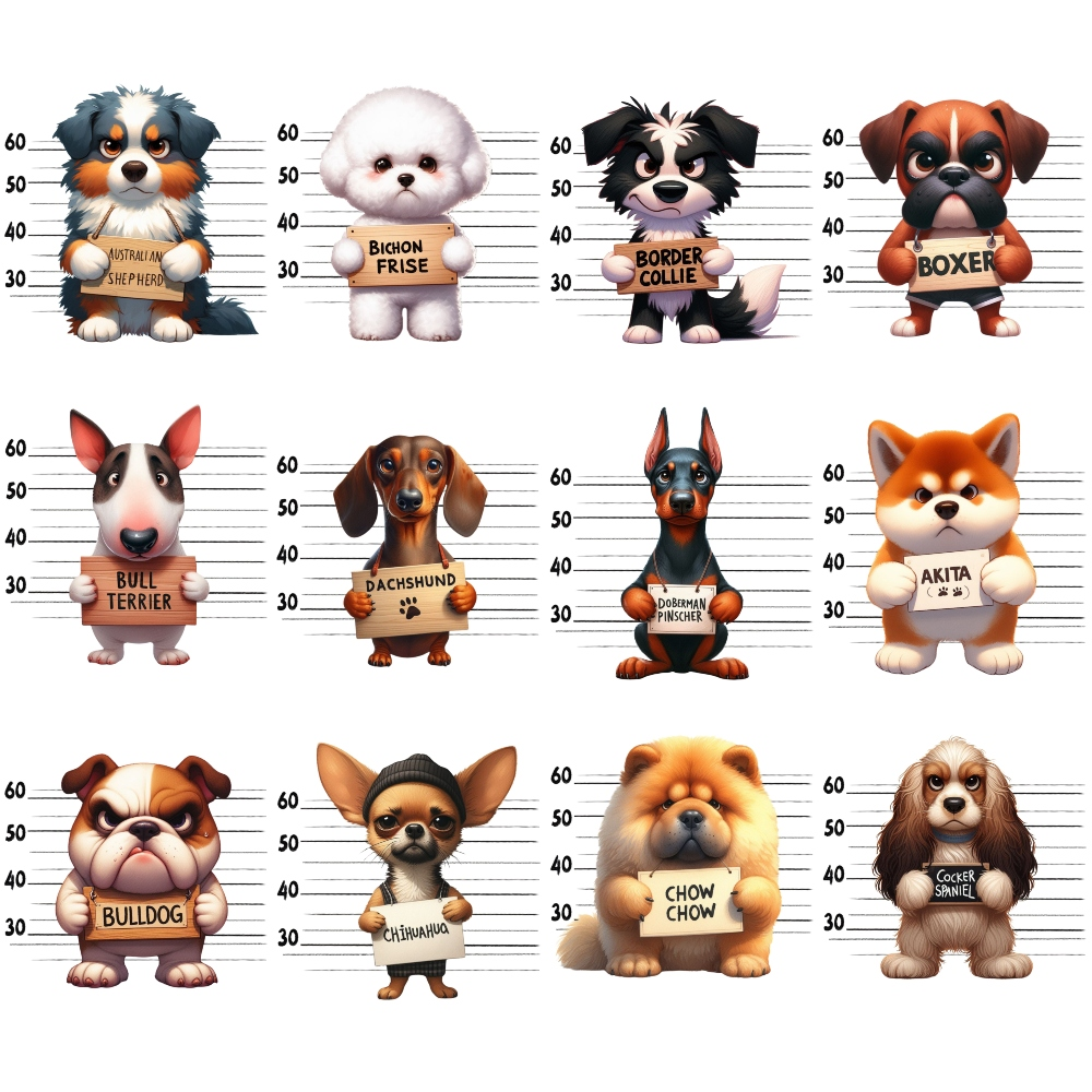 Twelve cartoon dogs are lined up against a height chart, each holding a sign with their breed name: Australian Shepherd, Bichon Frise, Border Collie, Boxer, Bull Terrier, Dachshund, Doberman Pinscher, Akita, Bulldog, Chihuahua, Chow Chow, Cocker Spaniel.