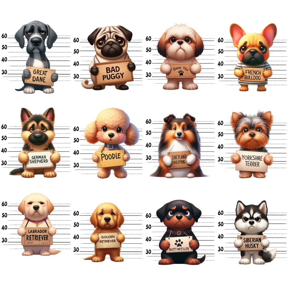 Cute cartoon dogs of various breeds holding nameplates with breed names, arranged in four rows. Each row includes three dogs with height measurements in the background.