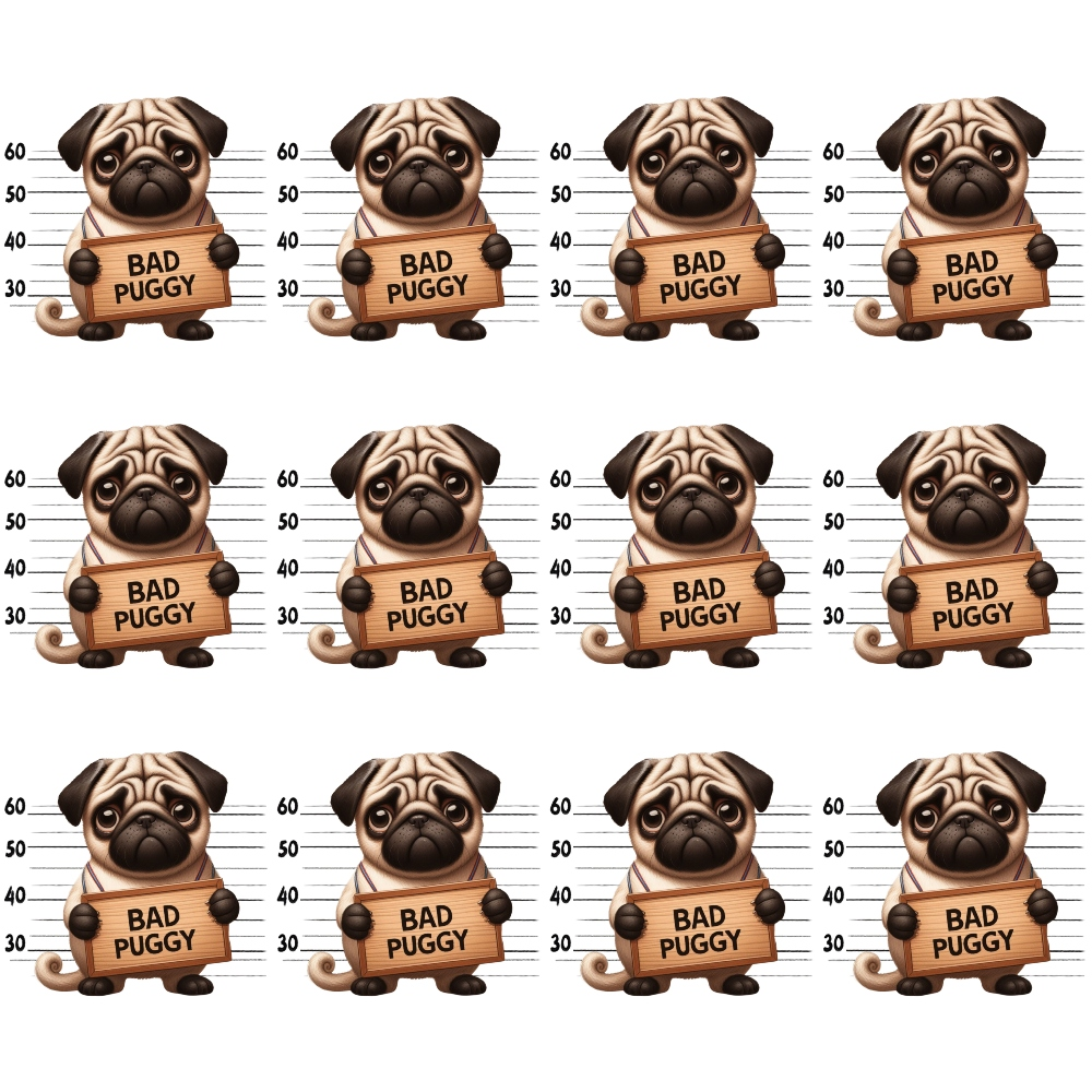 Pattern of cartoon pugs holding Bad Puggy signs with lineup backgrounds across a grid.