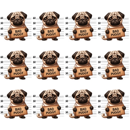 Pattern of cartoon pugs holding Bad Puggy signs with lineup backgrounds across a grid.