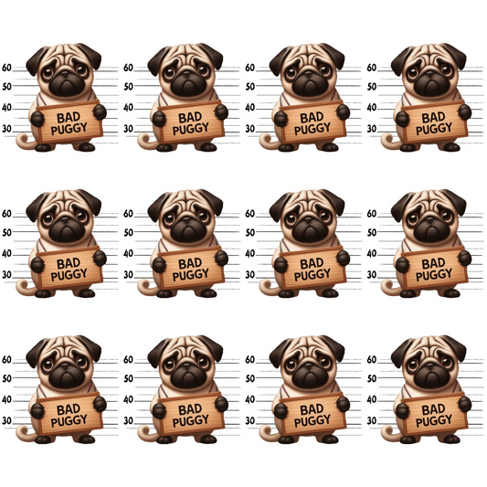 Pattern of cartoon pugs holding Bad Puggy signs with lineup backgrounds across a grid.