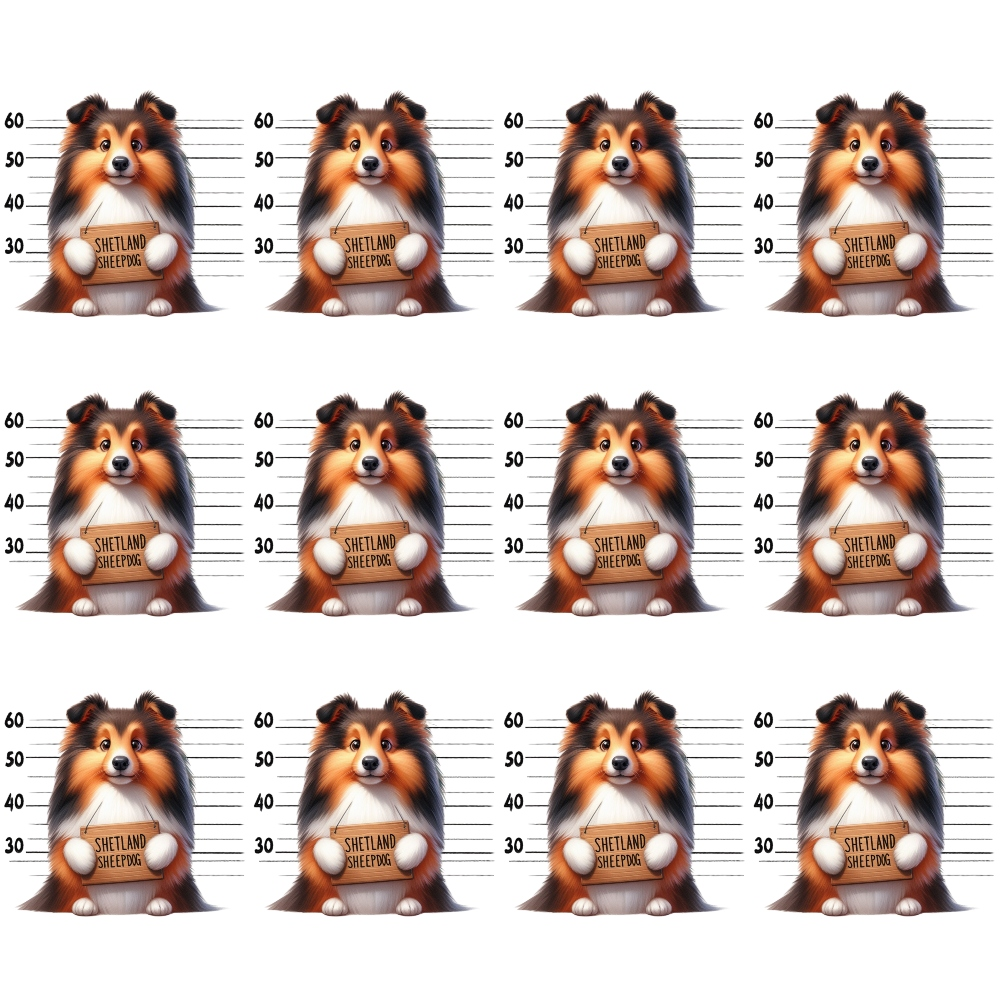 Twelve identical images of a cartoon Shetland Sheepdog in front of a police lineup backdrop, holding a sign with Shetland Sheepdog written on it.