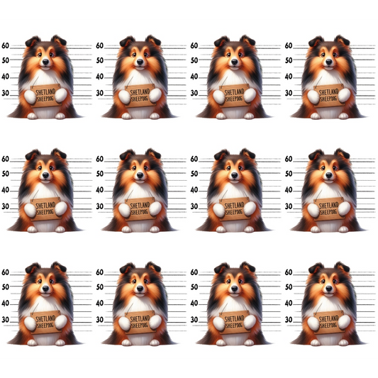 Twelve identical images of a cartoon Shetland Sheepdog in front of a police lineup backdrop, holding a sign with Shetland Sheepdog written on it.