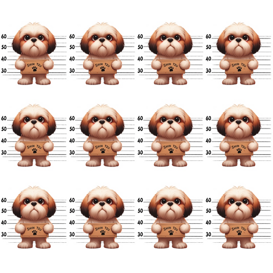 Twelve identical cartoon Shih Tzu dogs are arranged in a grid pattern. Each dog stands in front of a height measurement chart holding a sign that reads Shih Tzu.