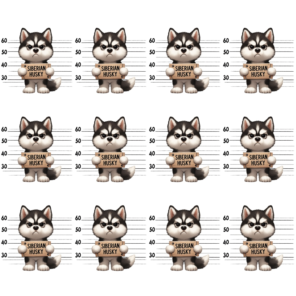 Twelve cartoon Siberian Huskies in a police lineup style, each holding a Siberian Husky sign, with height markings in the background.