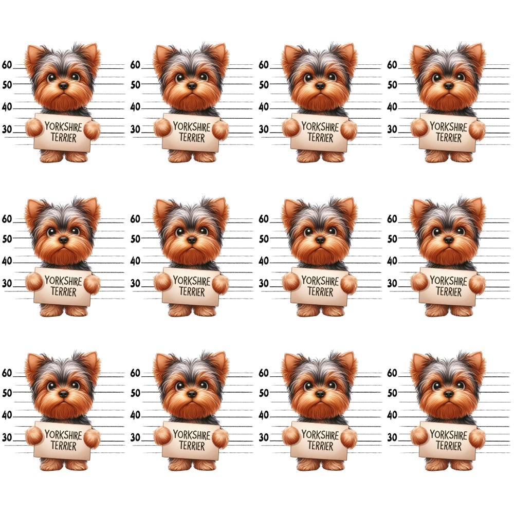 Cartoon Yorkshire Terriers in a grid, each holding a mugshot board with the text Yorkshire Terrier and height lines in the background.