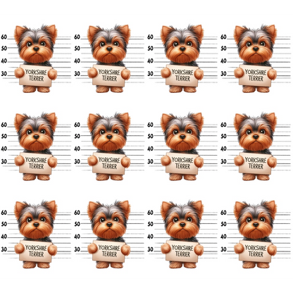 Cartoon Yorkshire Terriers in a grid, each holding a mugshot board with the text Yorkshire Terrier and height lines in the background.