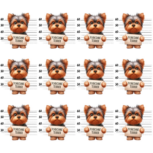 Cartoon Yorkshire Terriers in a grid, each holding a mugshot board with the text Yorkshire Terrier and height lines in the background.