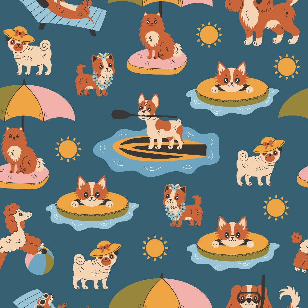 teal blue, orange, pink, yellow, dogs, beach theme, summer vacation, pug, corgi, pomeranian, swimming pool, float rings, paddleboard, beach umbrella, sun motifs, hawaiian lei, sunhat, playful cartoon style, quilting cotton, fabric panel, whimsical illustration, pet theme, water activities