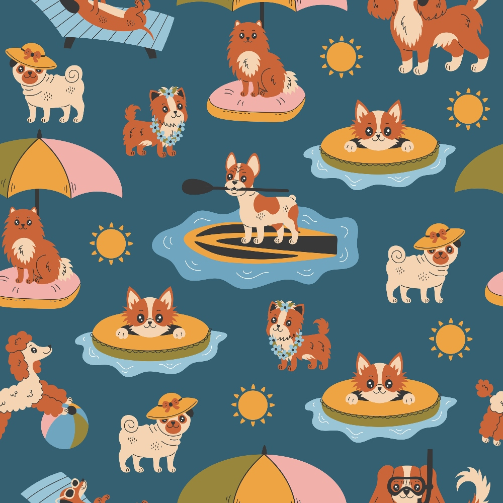 Pattern of dogs with summer accessories on rafts, wearing hats and sunglasses, surrounded by suns on a blue background.