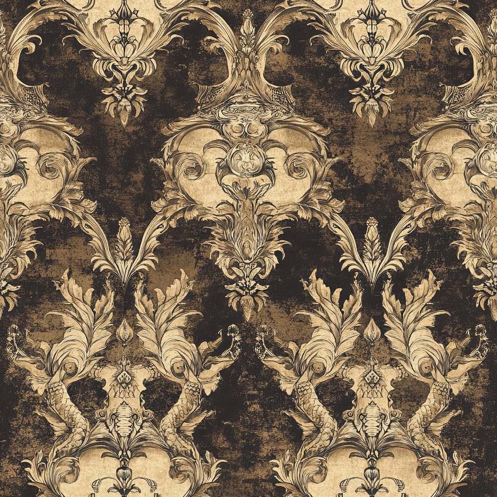sepia, brown, beige, ornate damask, baroque pattern, decorative scrollwork, vintage floral, elaborate filigree, symmetrical design, repeating motifs, quilting cotton, fabric panel, aged texture, distressed finish, royal aesthetic, intricate detailing, antique style, luxurious pattern, gothic elements