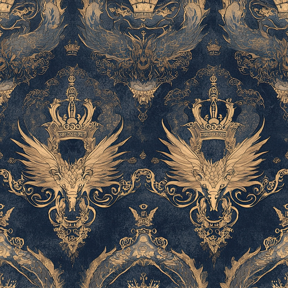 navy blue, gold, dragons, crowns, wings, royal heraldry, ornate pattern, baroque style, majestic, quilting cotton, fabric panel, metallic accents, mythical creatures, regal motifs, damask design, luxurious, decorative scrollwork, imperial, fantasy theme