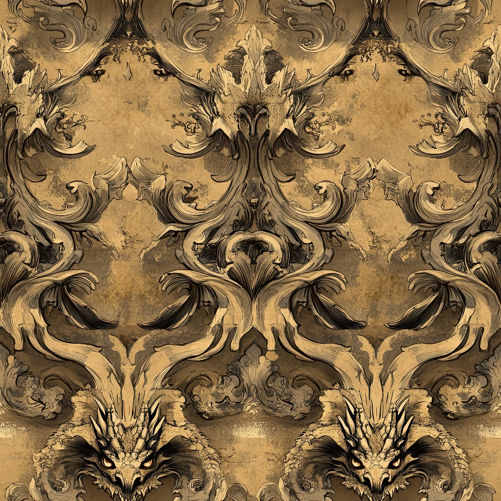 sepia, golden brown, bronze, antique gold, dragons, mythical creatures, ornate scrollwork, baroque pattern, damask design, vintage aesthetic, aged parchment, decorative flourishes, gothic elements, regal motifs, quilting cotton, fabric panel, symmetrical design, fantasy theme, medieval style, intricate details