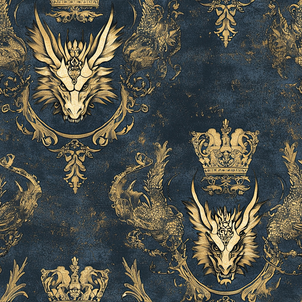navy blue, gold, dragons, crowns, royal crest, ornate scrollwork, vintage damask, mythical creatures, regal pattern, quilting cotton, fabric panel, baroque style, heraldic design, majestic, antique finish, decorative motifs, fantasy theme, luxurious, medieval inspired