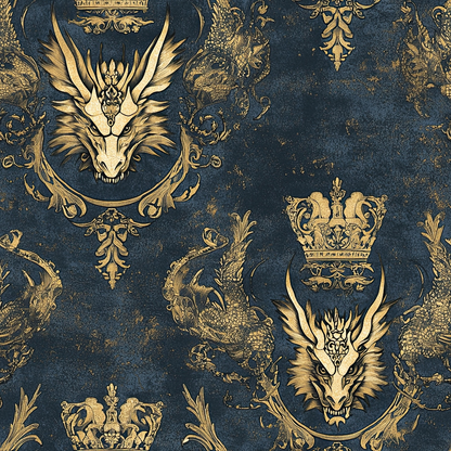 navy blue, gold, dragons, crowns, royal crest, ornate scrollwork, vintage damask, mythical creatures, regal pattern, quilting cotton, fabric panel, baroque style, heraldic design, majestic, antique finish, decorative motifs, fantasy theme, luxurious, medieval inspired