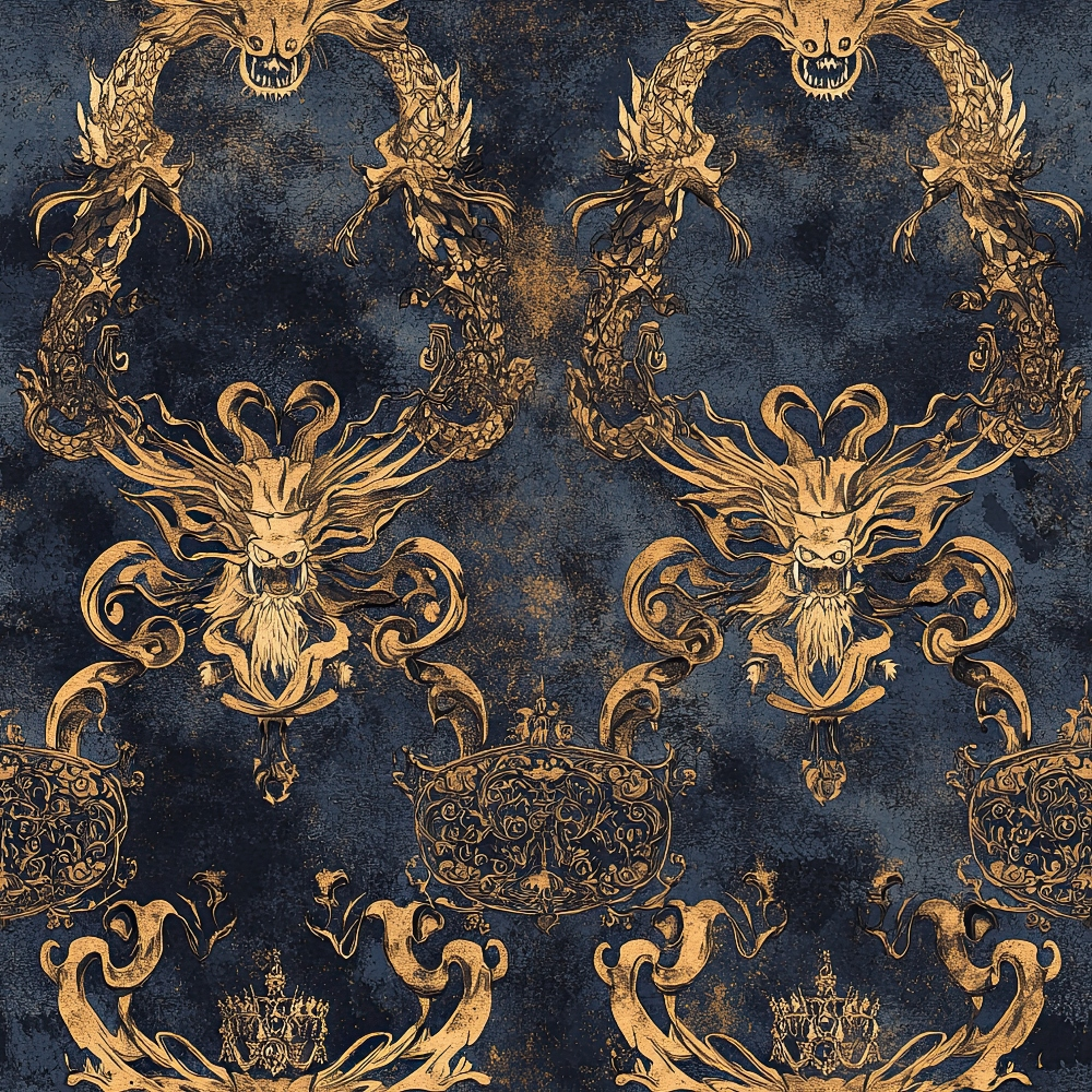 navy blue, golden yellow, dragons, mythical creatures, ornate scrollwork, baroque pattern, decorative motifs, quilting cotton, fabric panel, intricate details, serpentine design, medieval style, gothic elements, repeating pattern, luxurious appearance, fantastical beasts, elaborate ornamentation, regal motifs